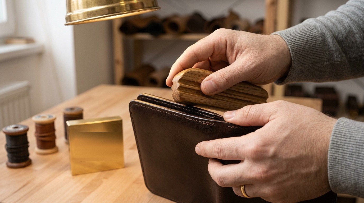 Dəri pulqabının kənarının taxta alətlə cilalanması